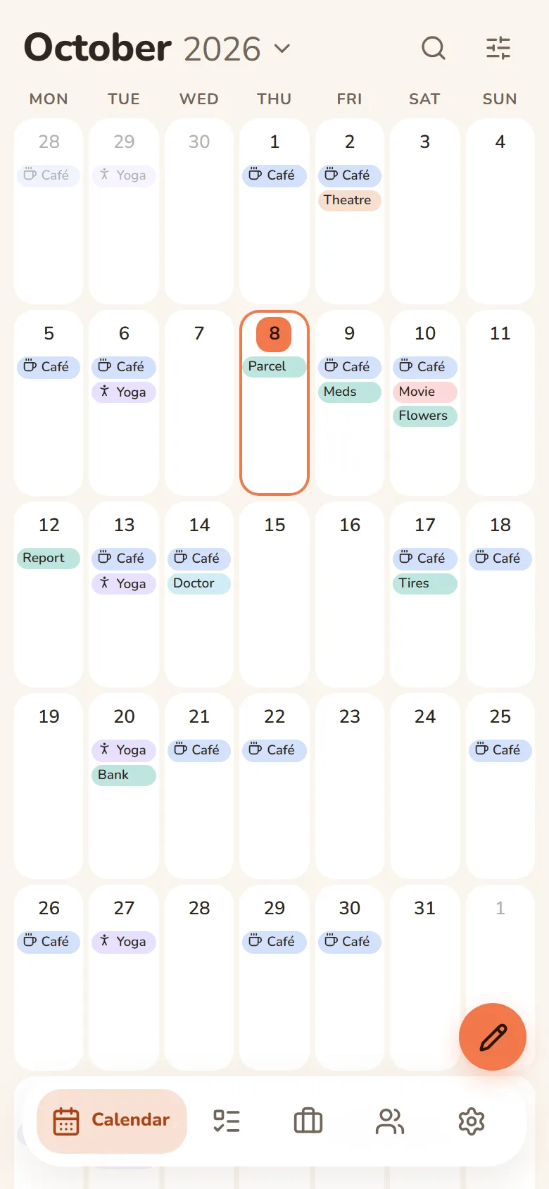 The DayHeart month calendar: café shifts, yoga, theatre, a doctor visit and tasks