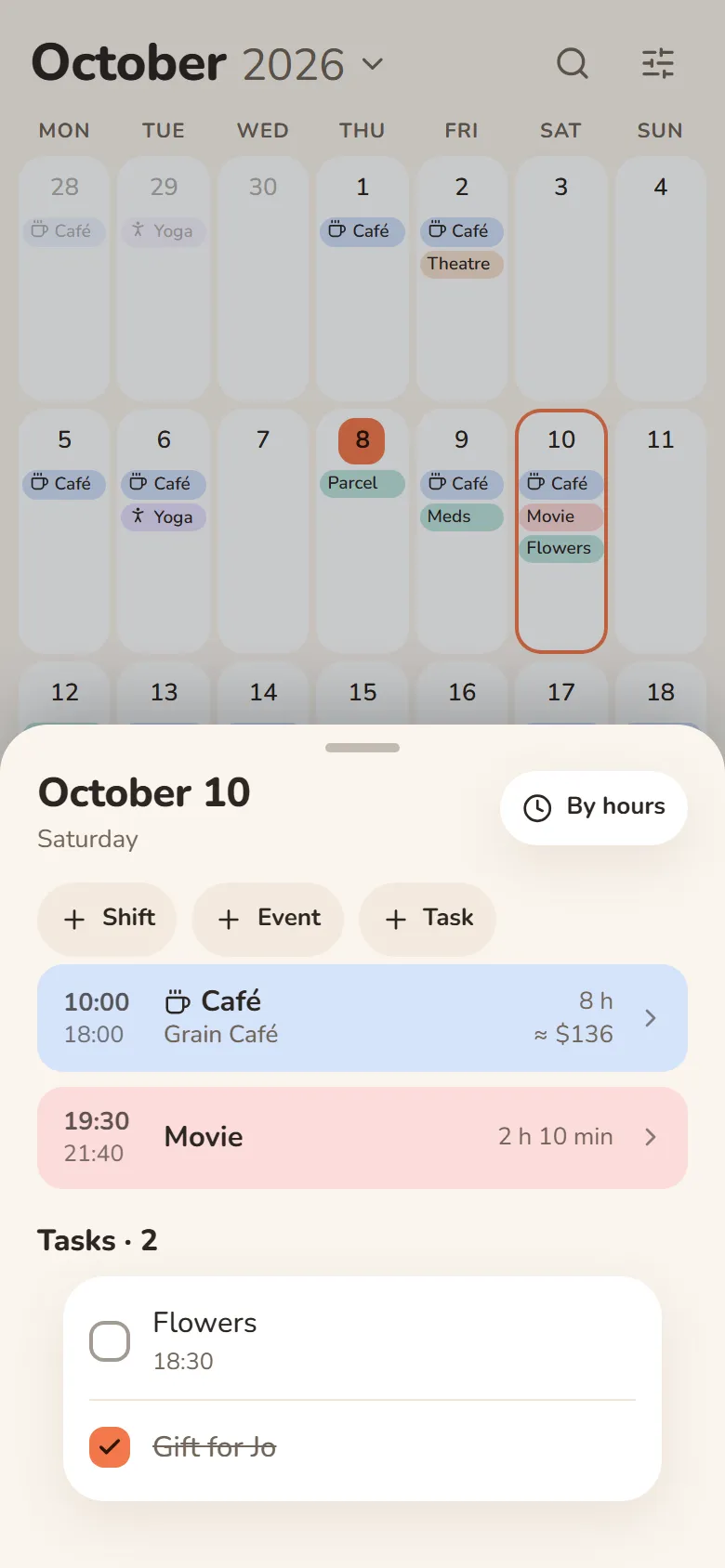 A day in DayHeart: a café shift with earnings, an evening movie and two tasks, one done