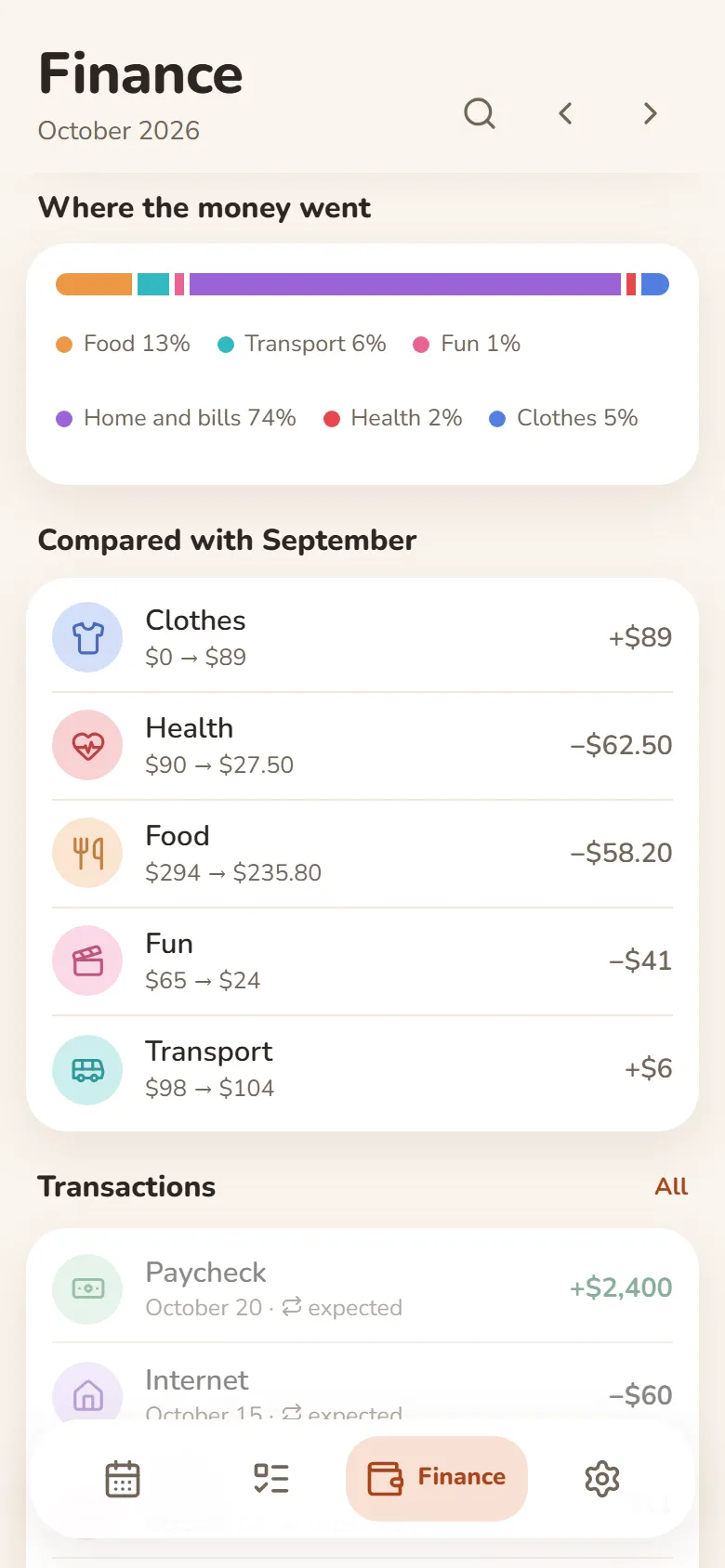 Finance in DayHeart: spending by category and a comparison with last month