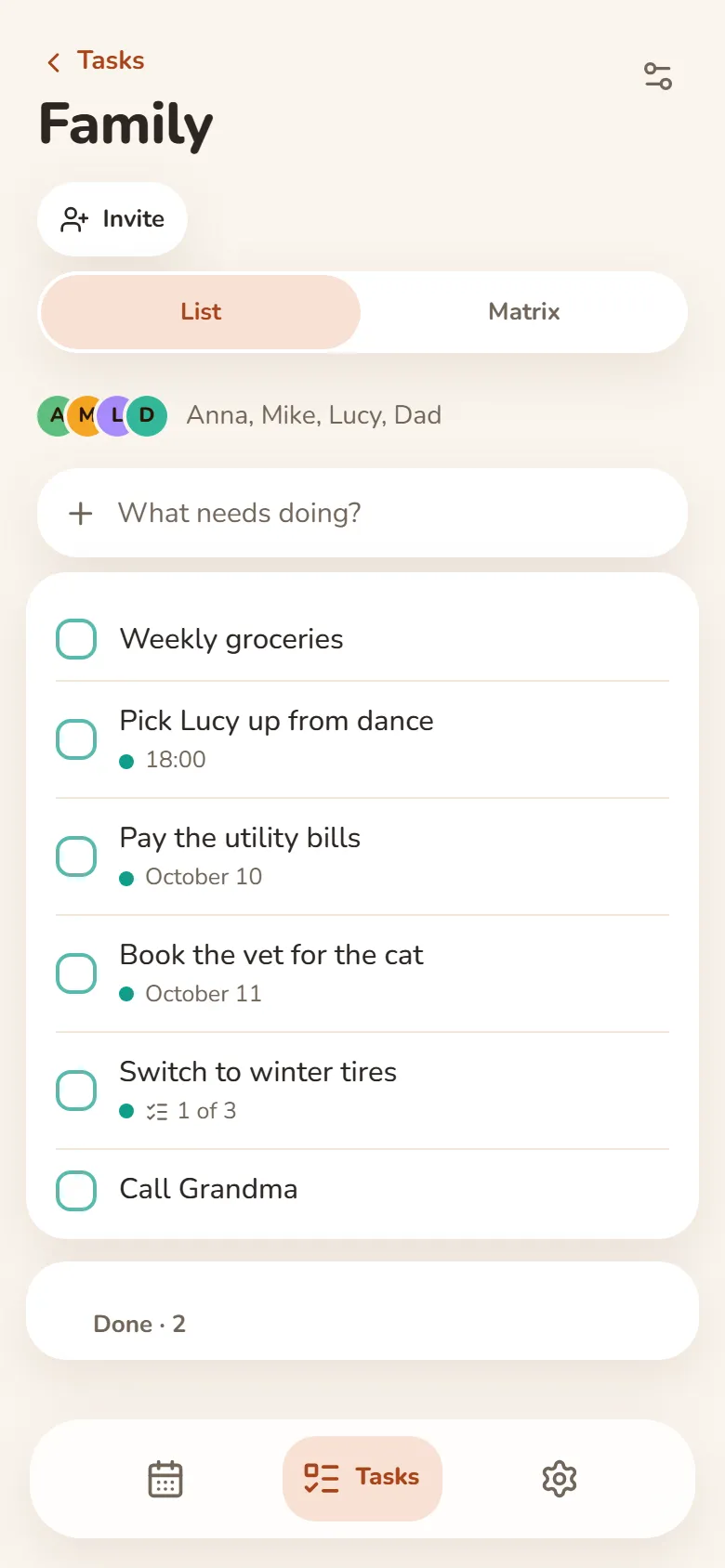 The Family group in DayHeart: members and shared tasks