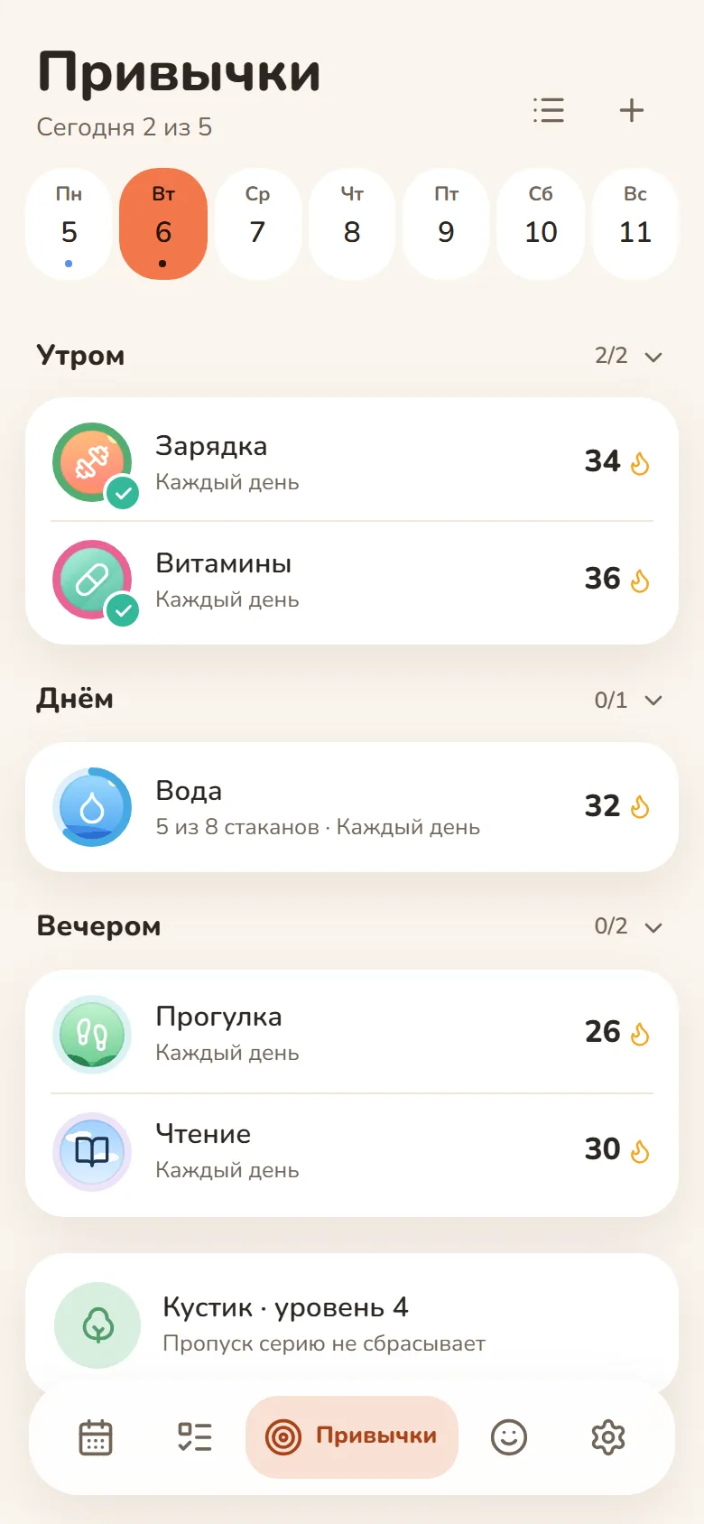 Привычки дня в DayHeart: 2 из 5 сделано, вода — 5 из 8 стаканов, у каждой привычки — серия