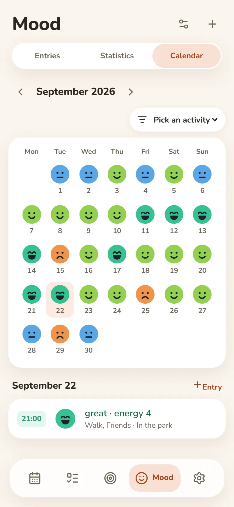 The mood calendar in DayHeart: a face for each day; the chosen day shows the rating, energy, activities and a note