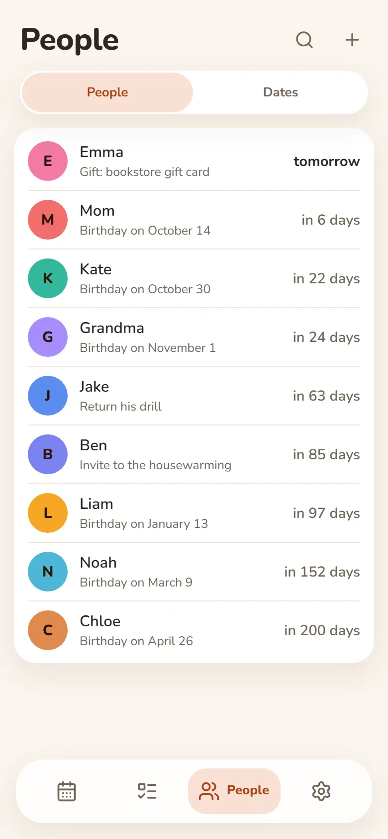 People in DayHeart: upcoming birthdays and notes about your people