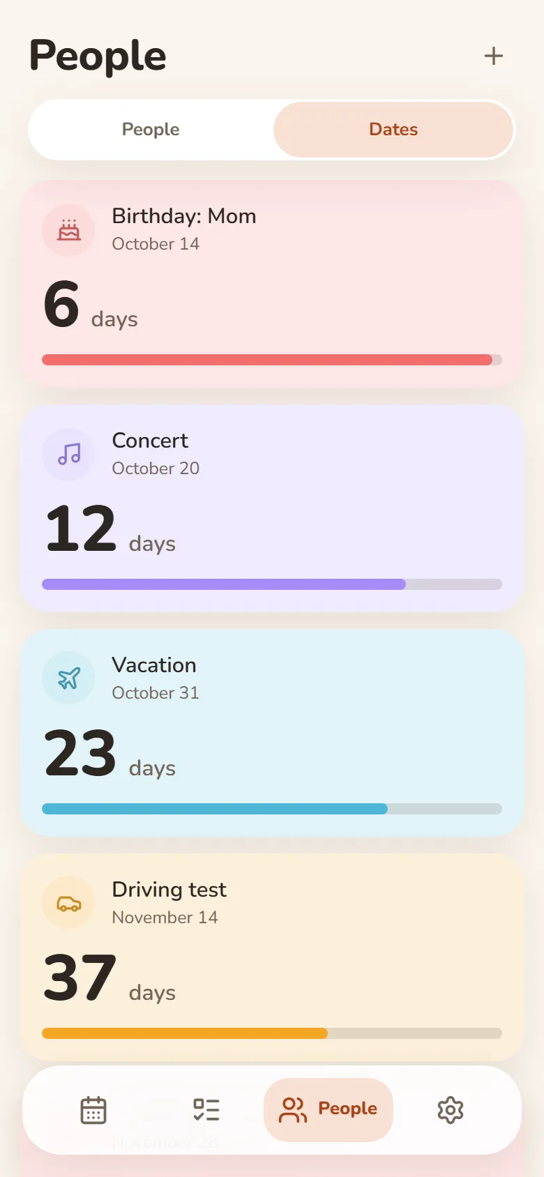 Dates in DayHeart: days left until Mom’s birthday, a concert, a vacation and a driving test