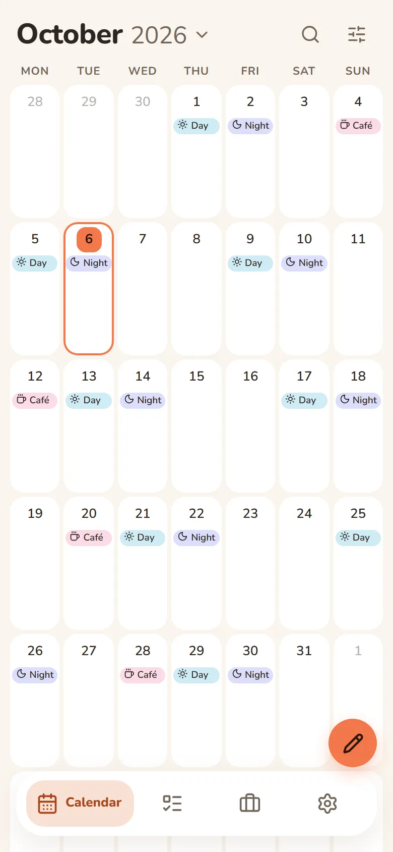 DayHeart month calendar with shift days marked in colour