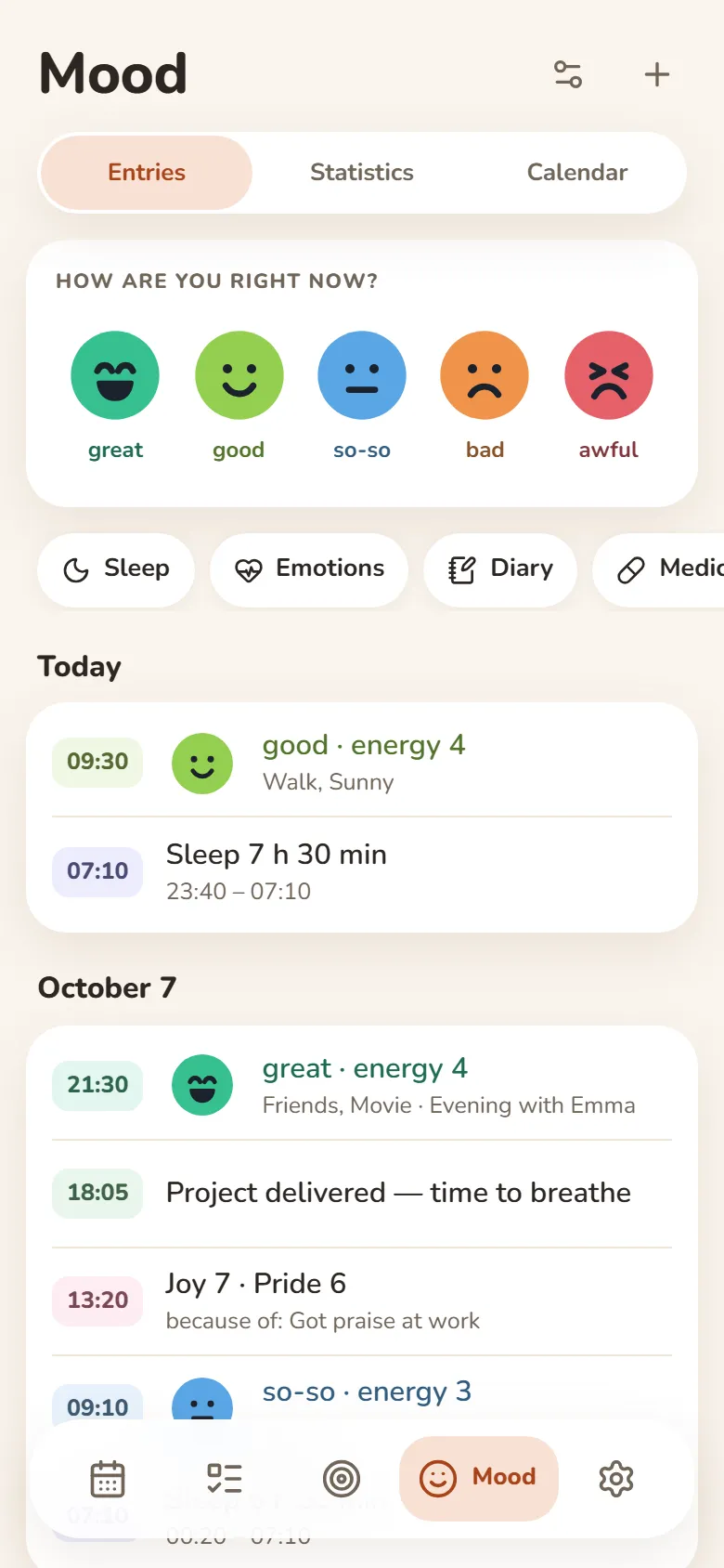 The Mood section in DayHeart: mood, sleep, emotions and a journal for today and yesterday