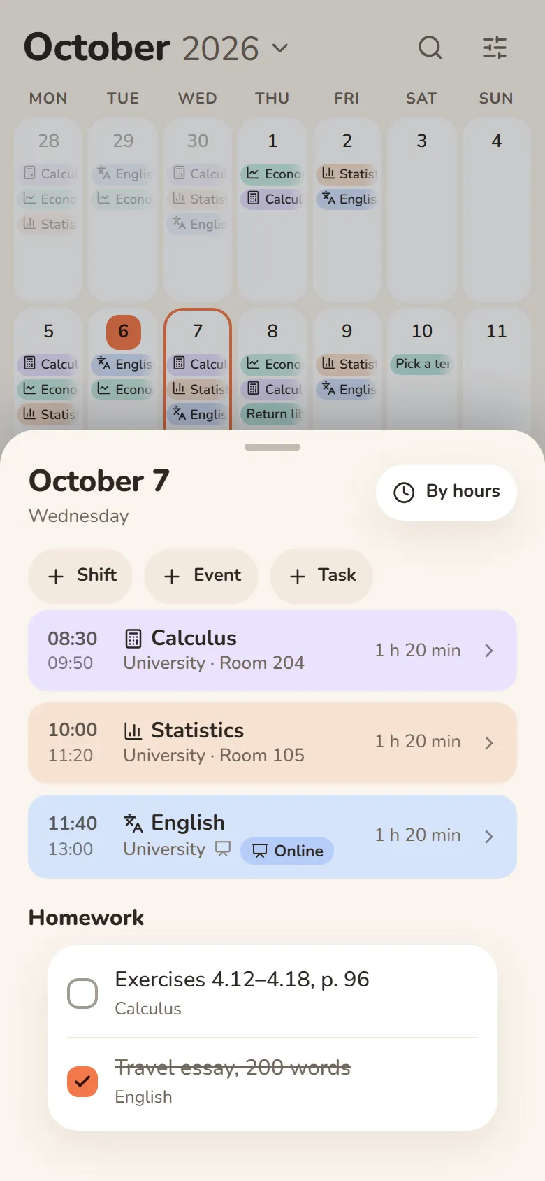 The day’s classes in DayHeart: time, subject, room and the “Online” button for a class with a lecture link