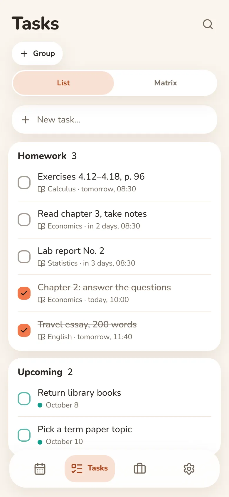 Homework in DayHeart’s Tasks: subject and when it’s due — tomorrow, in 2 days; done ones are struck through