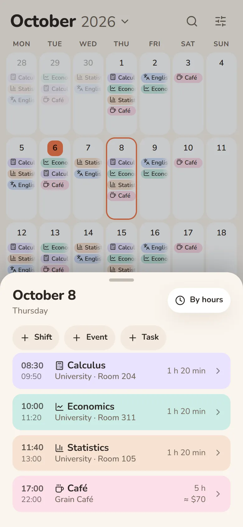 The day window in DayHeart: three classes with rooms during the day and a café shift in the evening — 5 hours and its pay
