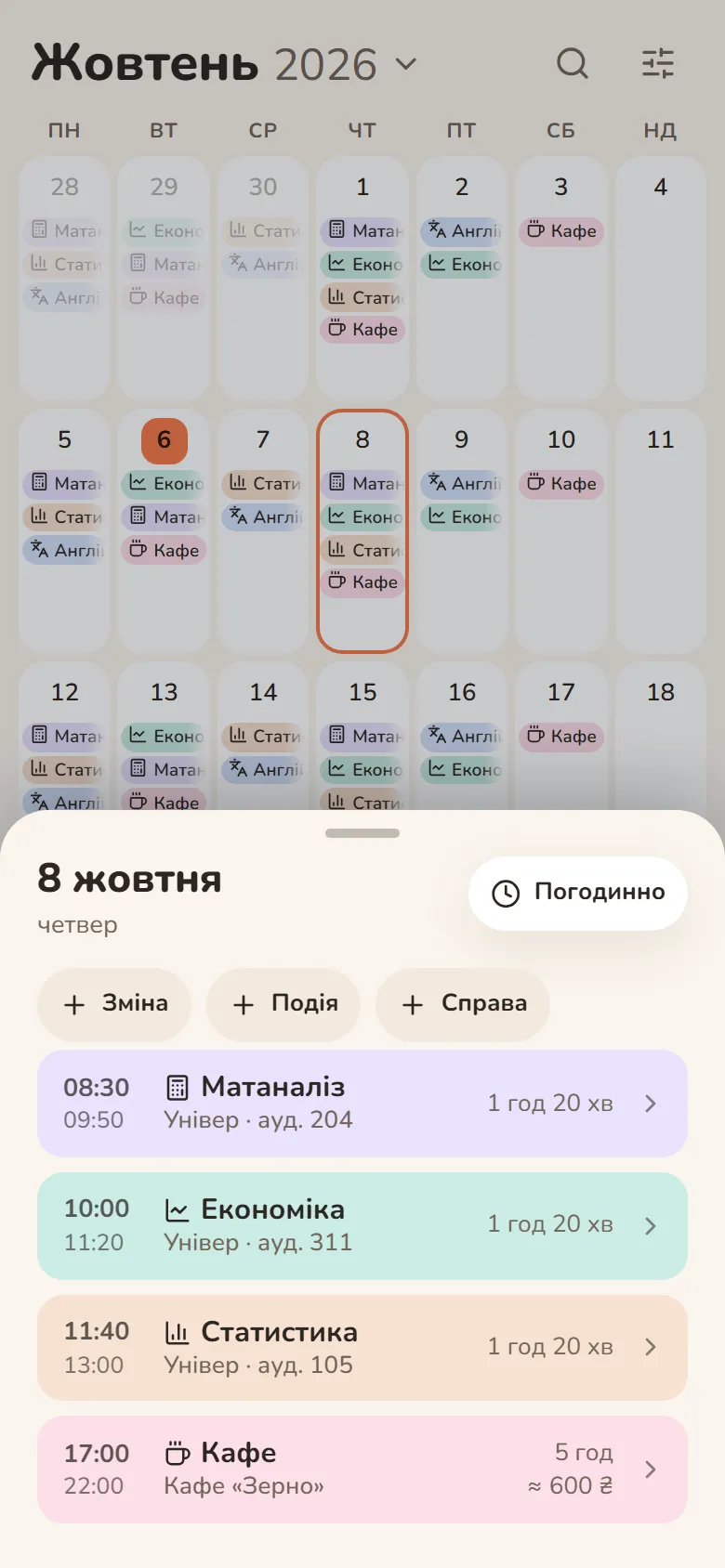 Вікно дня в DayHeart: вдень три пари з аудиторіями, увечері зміна в кафе — 5 годин і заробіток за неї