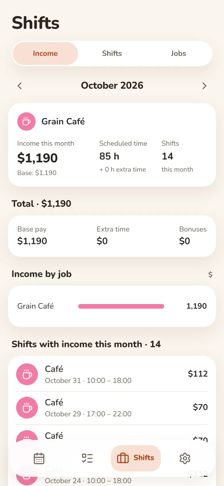 The Income tab in DayHeart: earnings, hours and the number of café shifts for the month