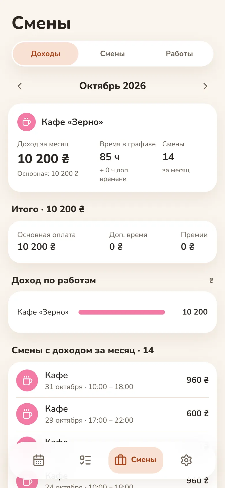 Раздел «Доходы» в DayHeart: заработок, часы и число смен в кафе за месяц