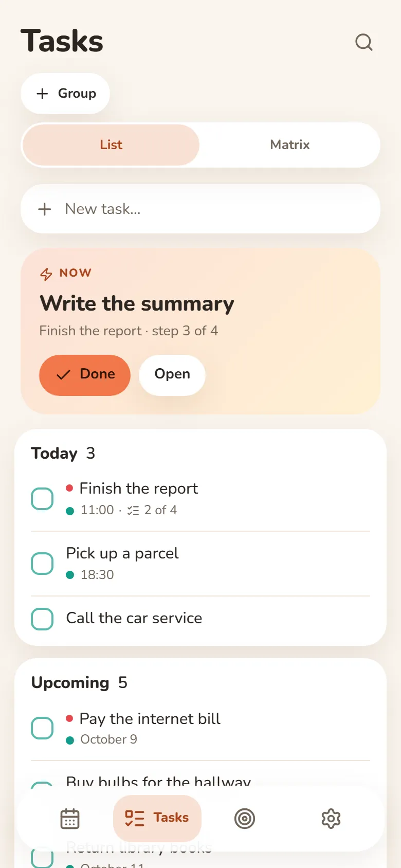 Tasks in DayHeart: the next step in Now, today’s tasks and upcoming ones