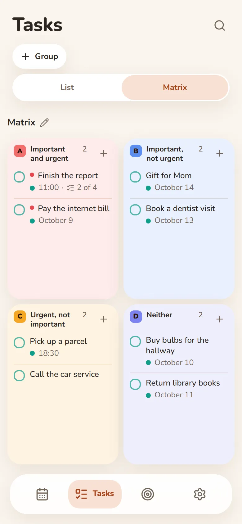 The urgent–important matrix in DayHeart: tasks in four squares